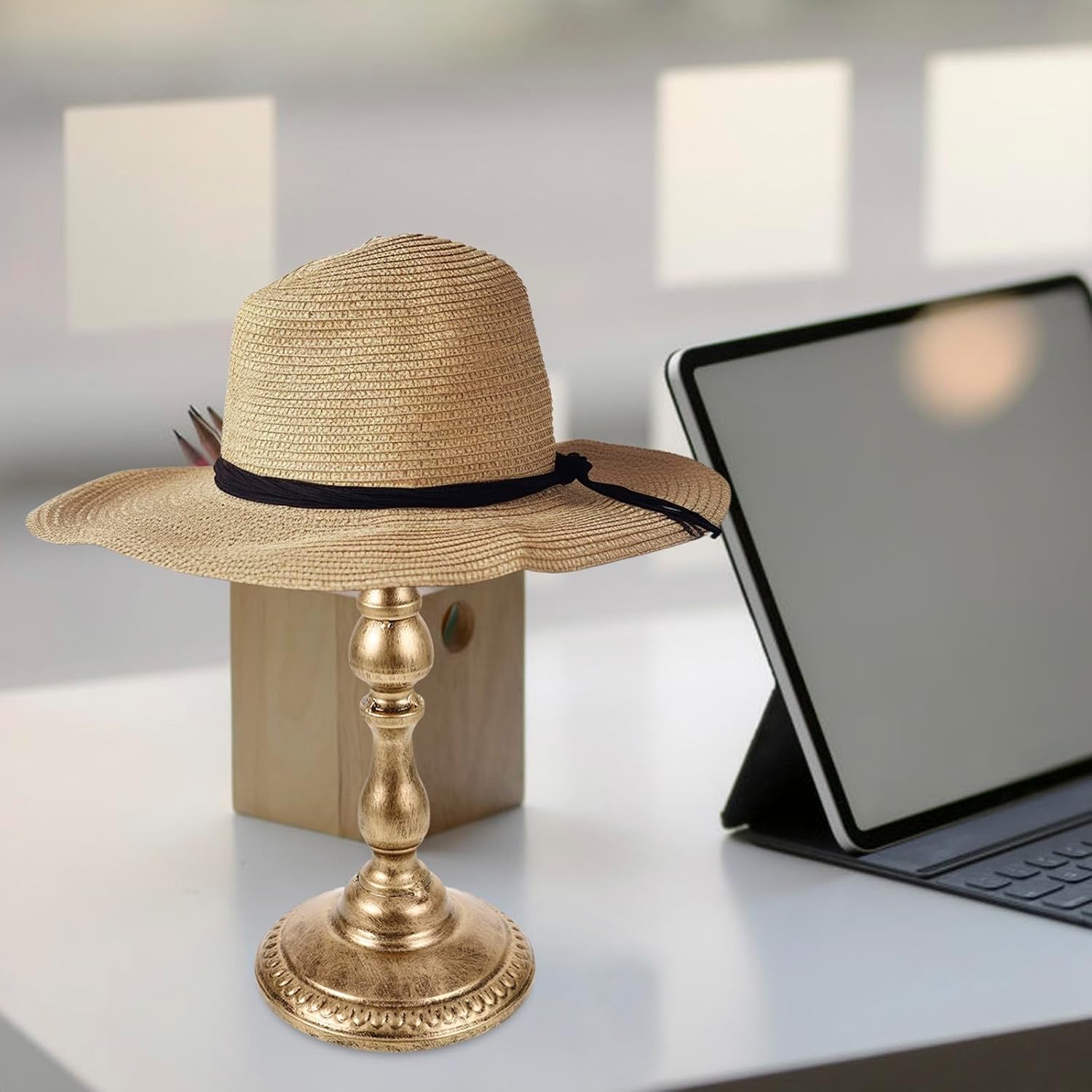 Vintage Metal Hat Display Stand with Iron Rack for Desktop, Wig Holder and Hat Hanger for Closet Storage, Antique Copper Finish Suitable for Salon and Shop Use