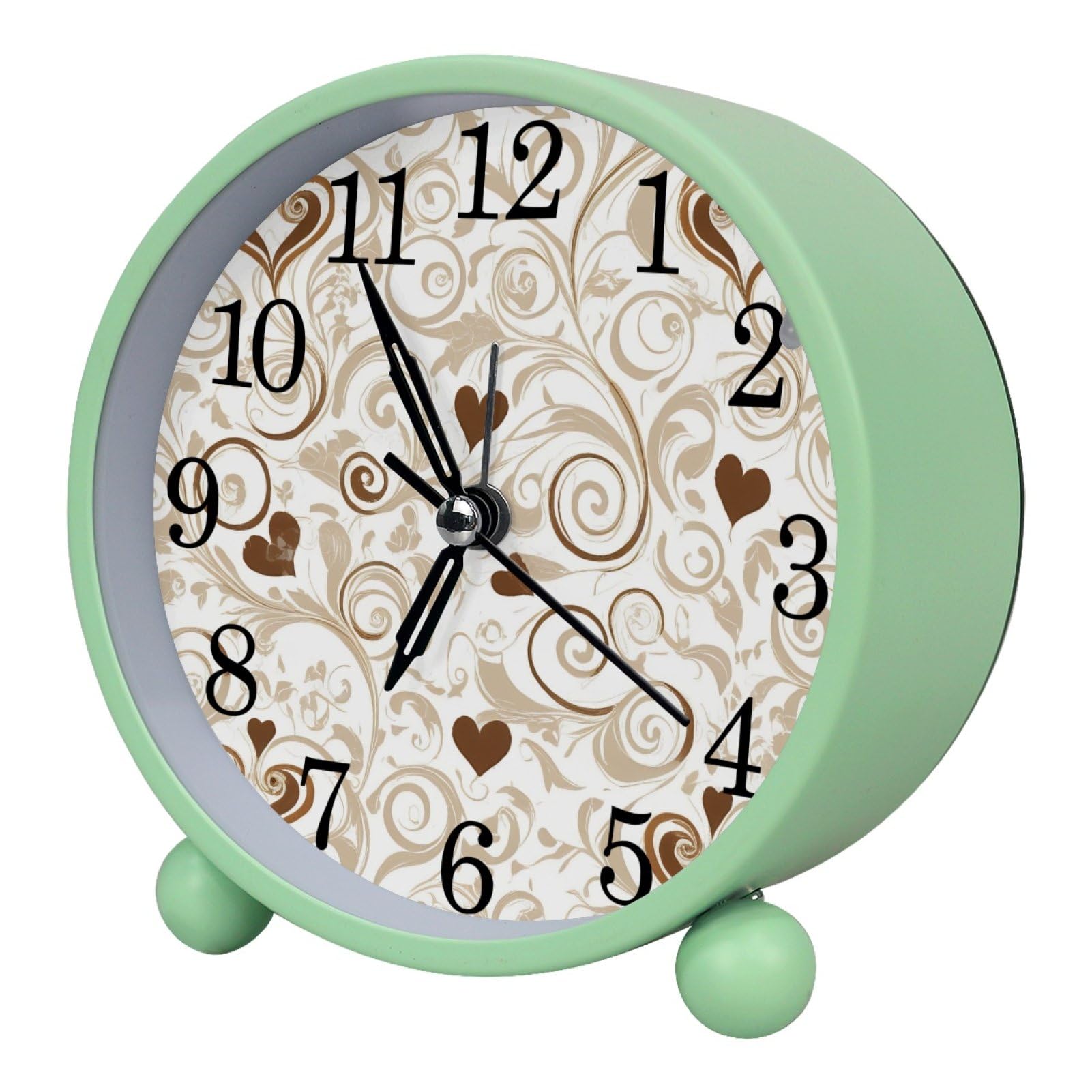 etoenbrc Abstract Hearts and Botanical Herbs Round Battery Operated Bedside Alarm Clock Non-Ticking Desktop Silent Analog Alarm Clock with Light