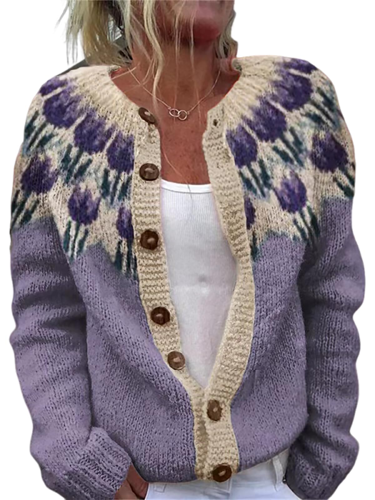 Womens Cardigan Sweaters Open Front Fair Isle Sweater Coats Vintage Argyle Crewneck Button Down Knit Cardigan