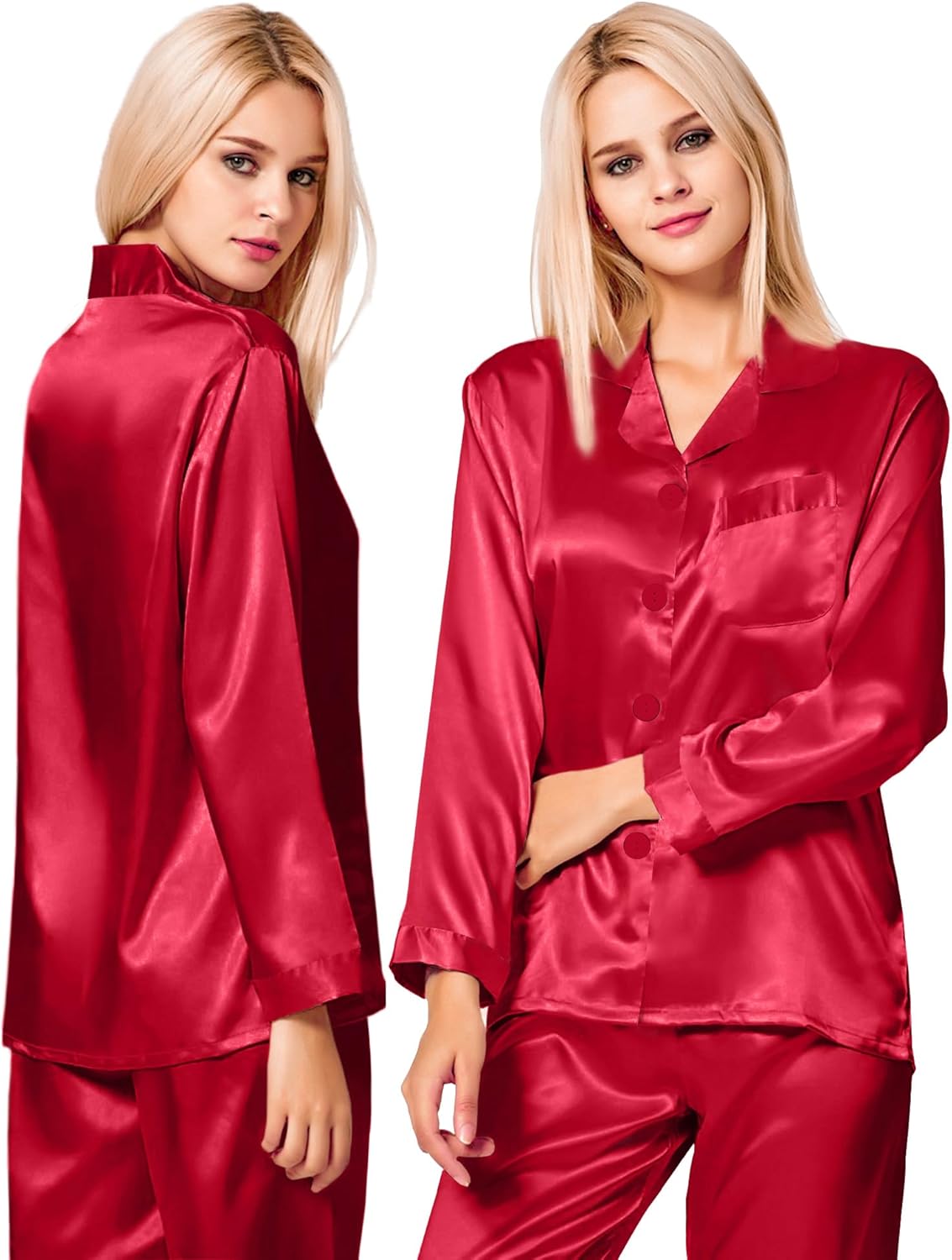 SWOMOG Long Sleeve Pajamas Set Silk Satin Sleepwear Button Down Pjs Loungewear with Pocket - Image 2