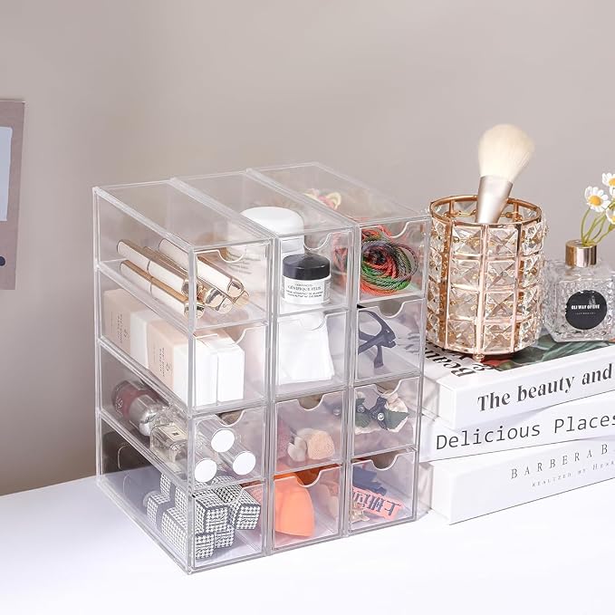 Caja organizadora apilable transparente de 9 compartimentos, plástico, para tocador, bajo el lavabo, gabinete de cocina, despensa miniatura 3