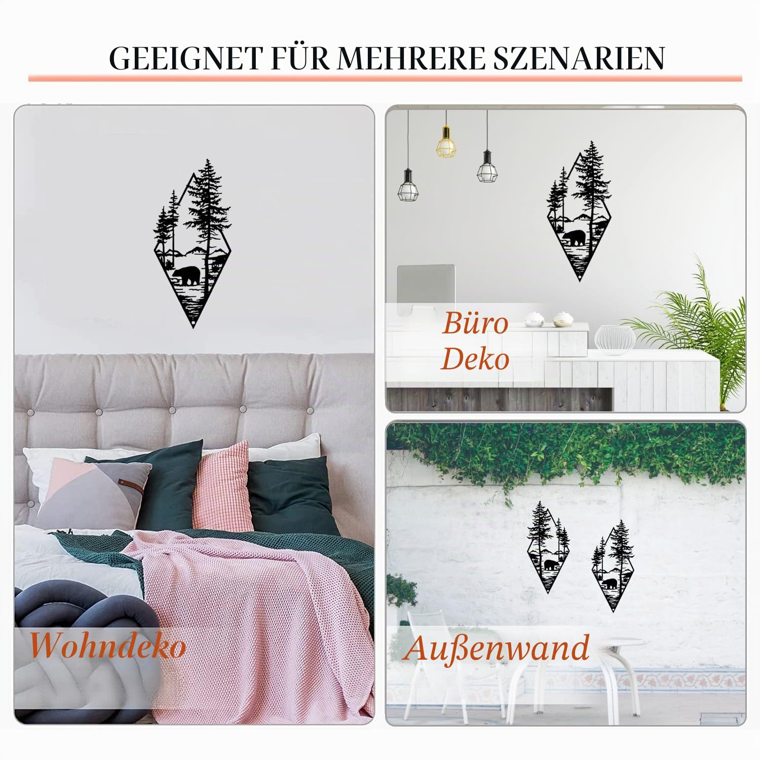Wanddeko Outdoor, Wand Deko Schlafzimmer Metall, Wohnzimmer Wanddeko Modern, Art Wall Decoration Living Room, Wandbild Metall für Innen Außen Garten Haus Dekoration, WäLder und Bären, Schwarz, 1 Stück