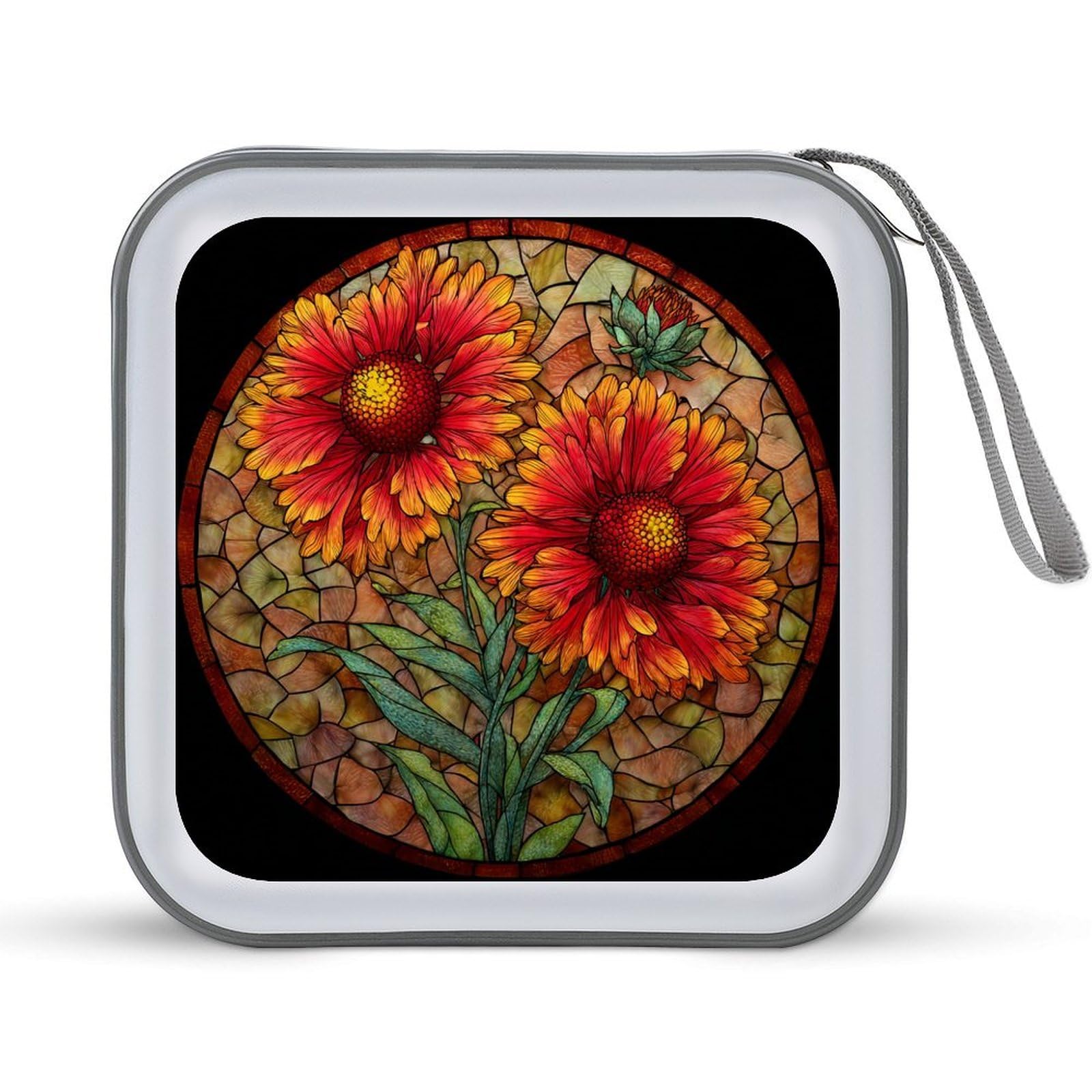 Jubonexis Stained Glass Indian Red Flower Simple CD Case DVD Storage Case Portable for Car Home Travel