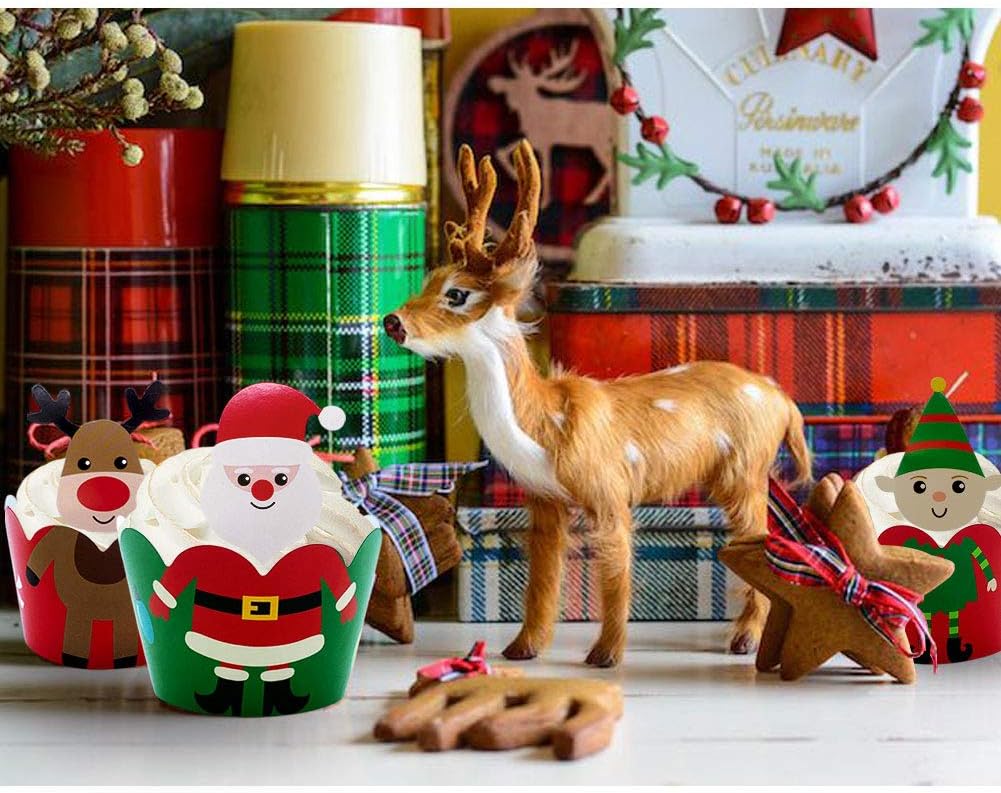 24 Pack Santa Deer Snowman Cupcake Toppers and Wrappers for Christmas Party Supplies(packingmaster)