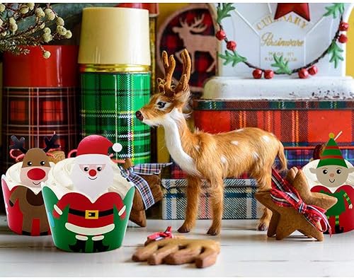 Miniatura 6 de Paquete de 24 adornos y envoltorios para cupcakes y envoltorios de Papá Noel, ciervo y muñeco de nieve para suministros de fiesta de Navidad