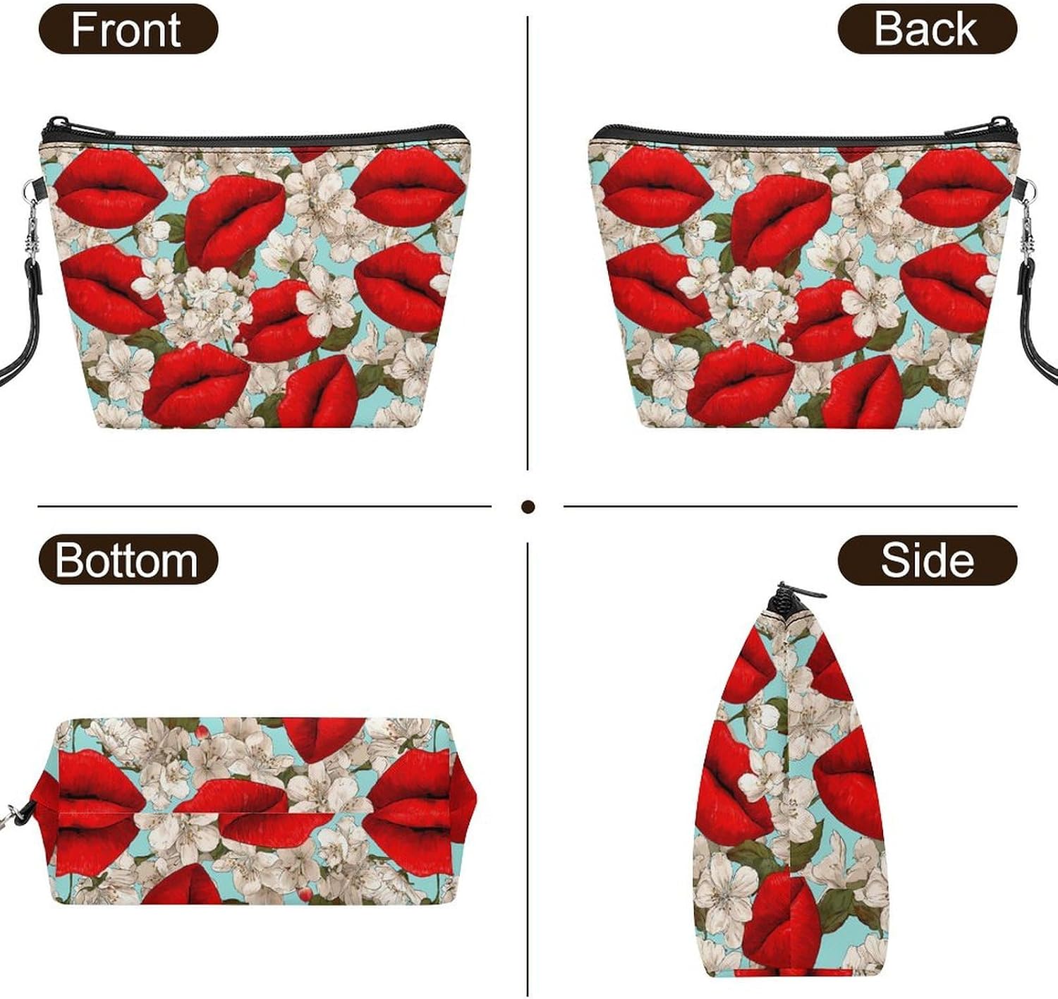 Red Lips Flowers Women's Makeup Bag for Purse image 3