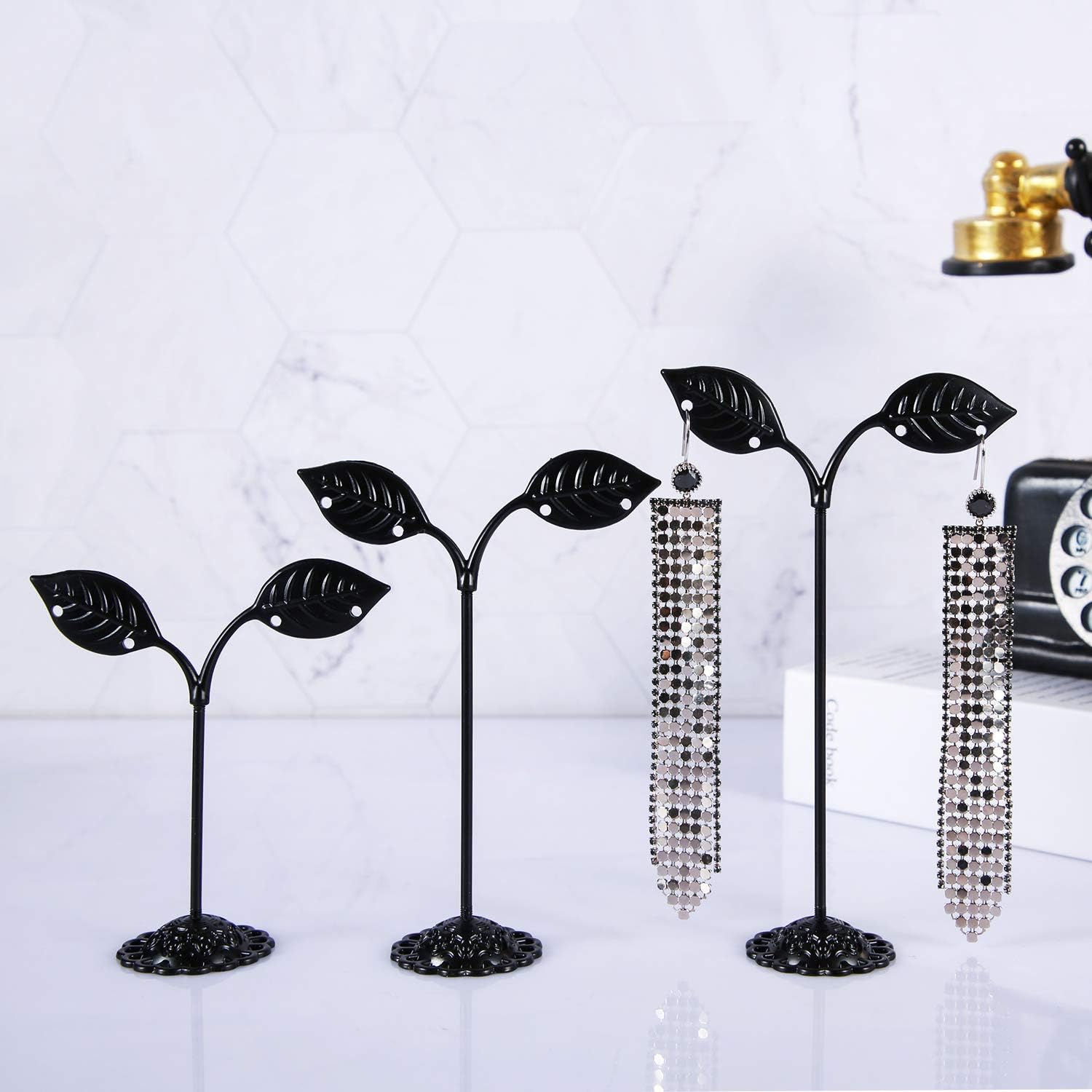 AUTODECO Black Earring Stand Detachable Metal Earring Display Storage Rack for Photography Jewelry Props Show Closet Retail Store Display 3 Pcs, Leaf Shape