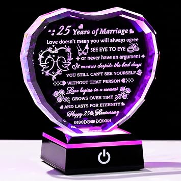 Arikyrist 25th Wedding Anniversary Crystal Heart Gifts for Couple, Laser Engraved 25 Year Anniversary Crystal Gifts for Wife Husband Parents, Romantic 25 Years of Marriage Gift for Him Her Friends