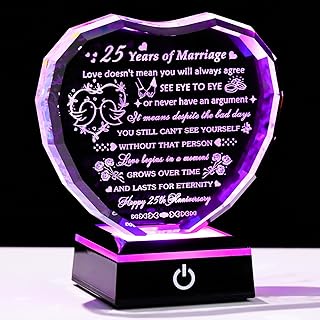 25th Wedding Anniversary Crystal Heart Gifts for Couple, Laser Engraved 25 Year Anniversary Crystal Gifts for Wife Husband Parents, Romantic 25 Years of Marriage Gift for Him Her Friends