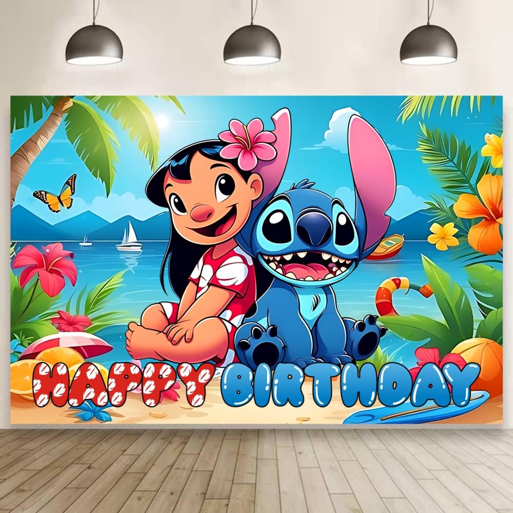 Wall Decor Backdrop for Stitch Birthday Decorations Cute Banner for Stitch Party Supplies (5x3ft)
