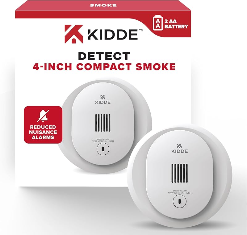 Detector de humo compacto, alimentado por pilas AA, 10SDR | Alarma de humo de 4 pulgadas con luces de estado LED, alarma ruidosa de 85 dB, ideal para hogares y espacios pequeños