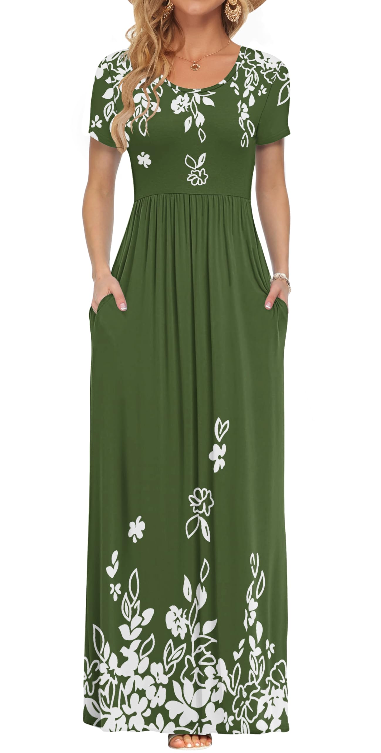AUSELILY Women's Summer Short Sleeve Loose Plain Casual Long Maxi Dresses | Year Round wear solid floral print, Casual wear, Empire waist, Floor length, Side pockets