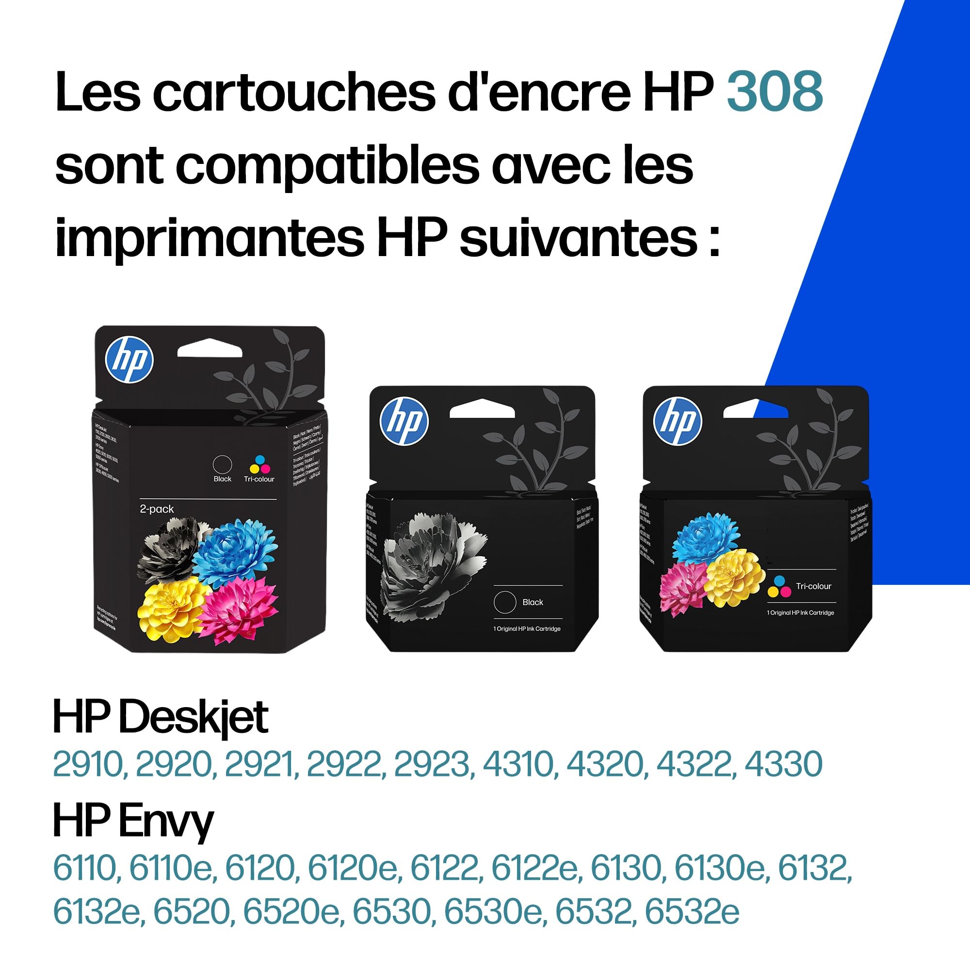 HP 308, Noir et Tricolore, 6L6S6UE, Pack de 2 Cartouches d’Encre Original, Compatible avec Les Series d'Imprimantes HP Envy 6110, 6120, 6130, 6520, 6530
