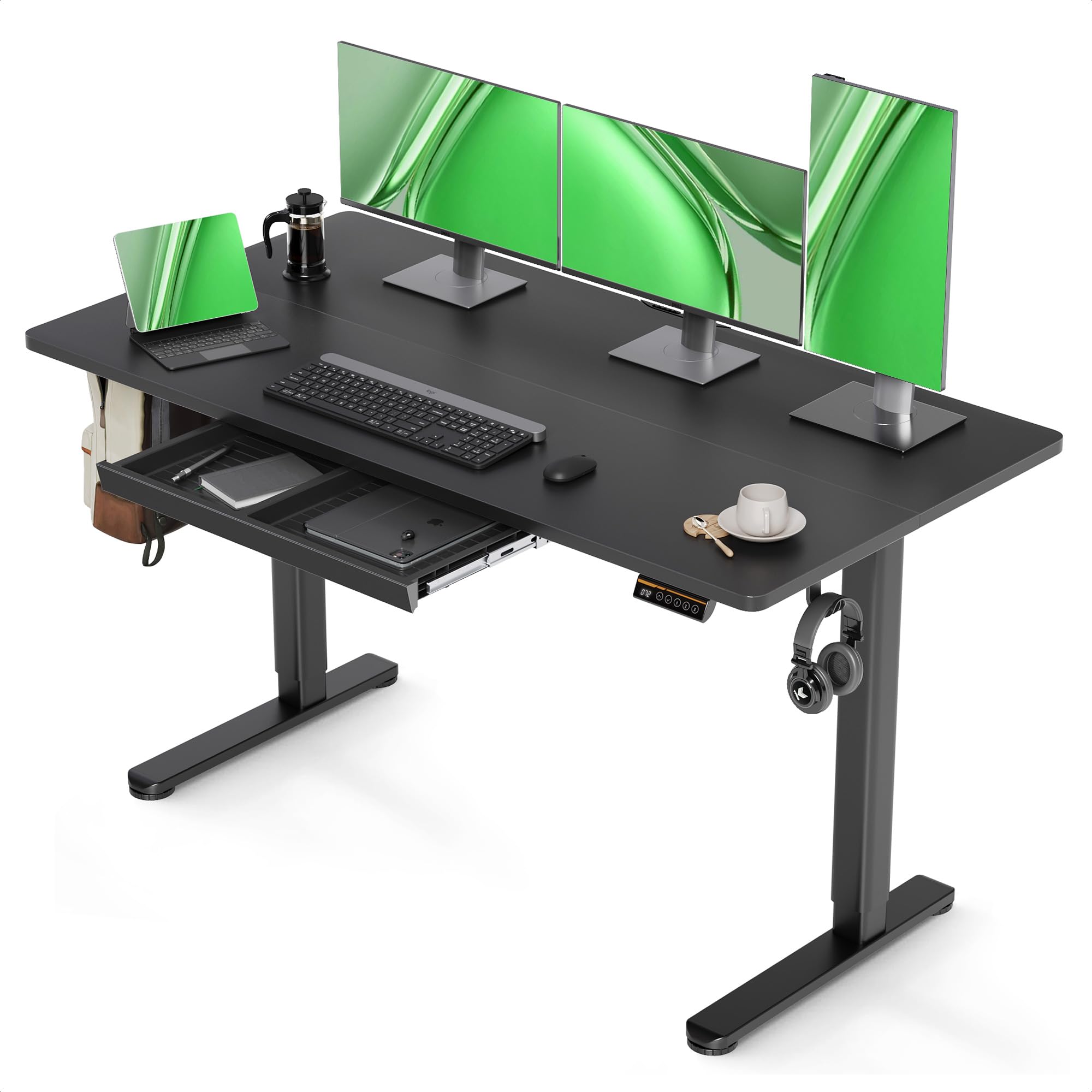 Claiks Standing Desk with Drawer, 140x60cm Electric Height Adjustable Desk with 3 Memory Presets, Ergonomic Home Office Desk with Storage & Cable Management, Black