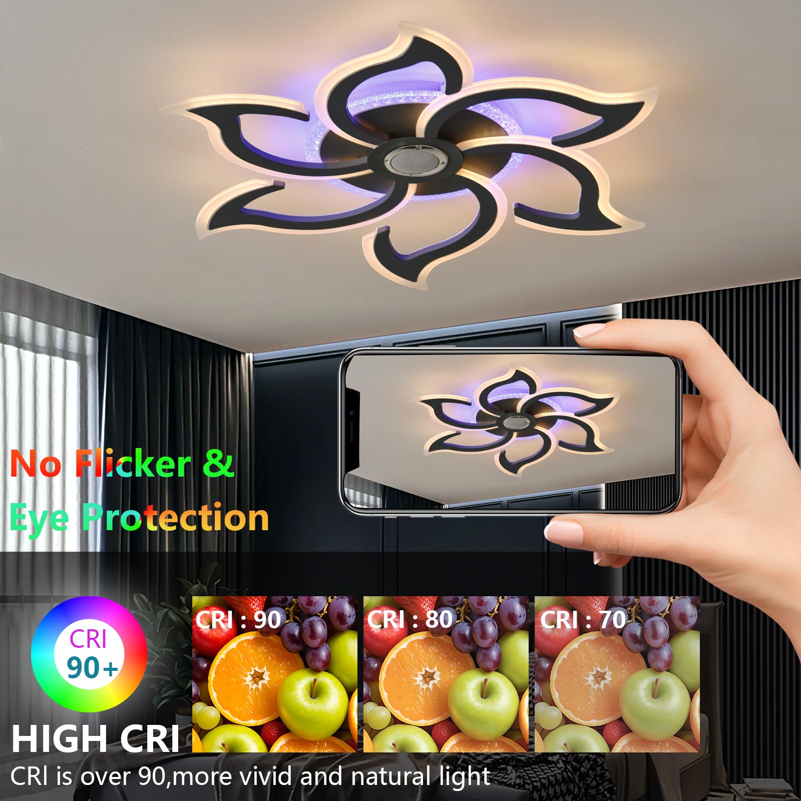 Plafoniera Soffitto RGB è Dotata di Sei Petali Lampadario Altoparlante Bluetooth Telecomando App Lampadari Dimmerabile 3 Temperature di Colore Timer Funzione di Memoria per Camere da Letto, Nero