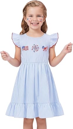 IMEKIS Toddler Kids Girls Back to School Dress Ruffle Sleeve Plaid Embroidered Kindergarten Outfit 3-8T