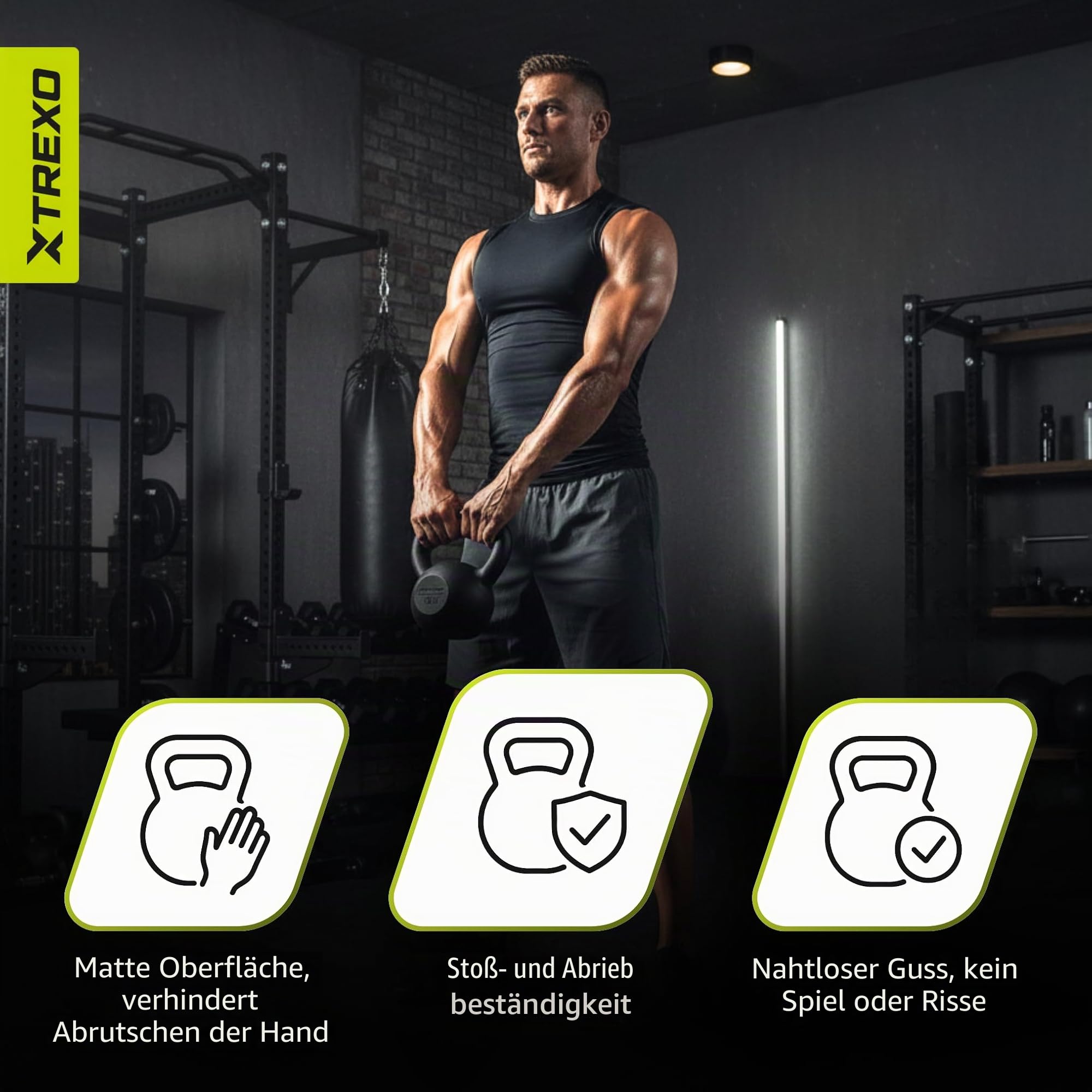 XTREXO Kettlebell Gusseisen, Kugelhantel Guss mit Flachem Boden, Pulverbeschichteter Griff, Schwunghantel für Krafttraining CrossFit Home Gym (8 kg)