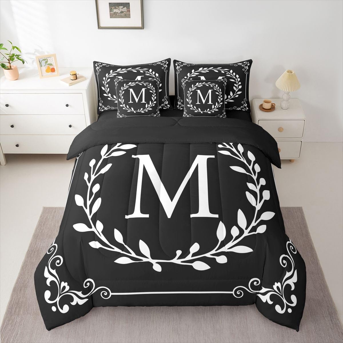 Erosebridal Monogram Letter M Comforter Set With Sheets Black White 7 Piece Bedding Set King Size Boho Damask Floral Bed In A Bag Personalized Gifts For Adult Women Teens Kids Botanical Flower Bed Set