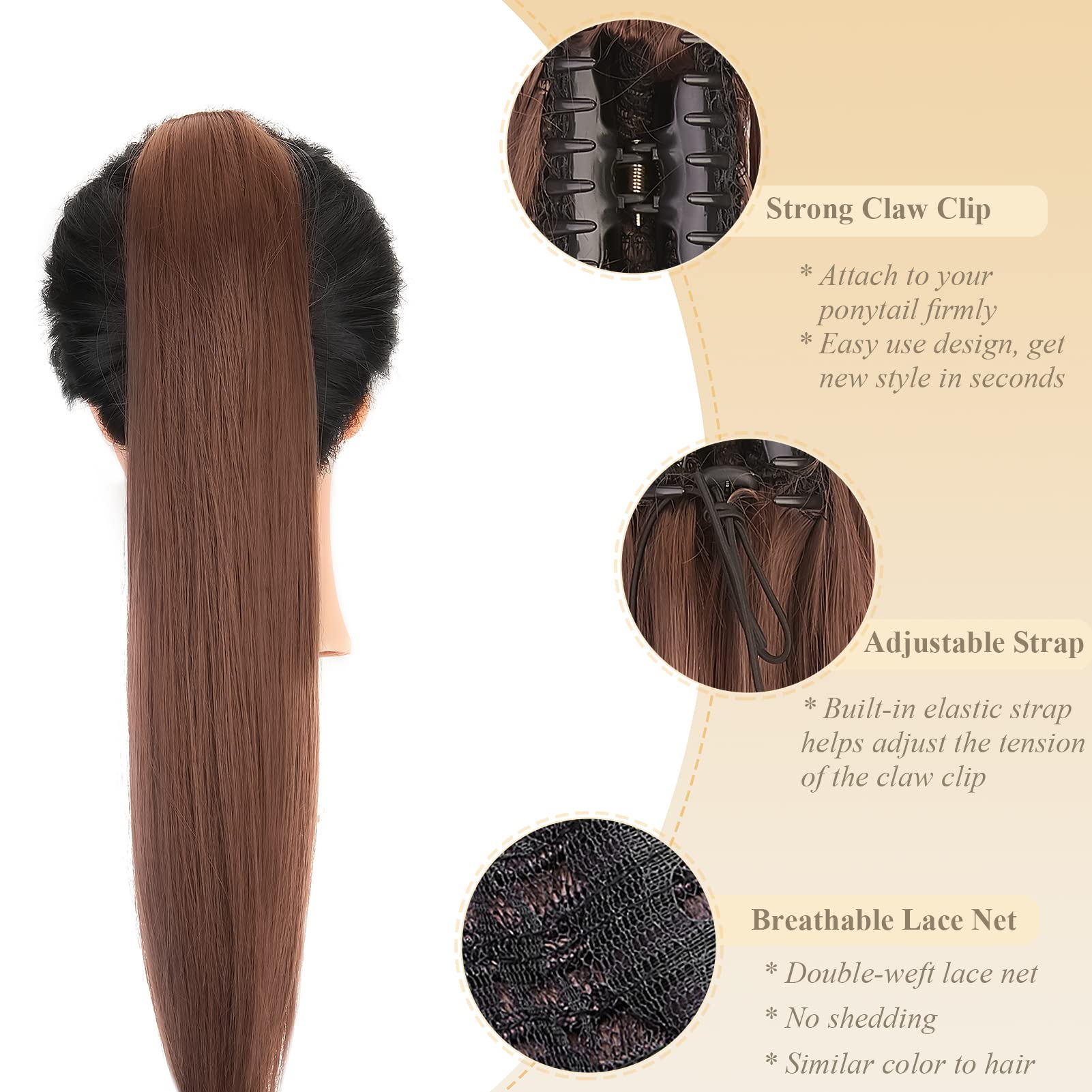 Gairyan 21" Ponytail Extension Clip in Ponytail Hair Extensions Blonde Straight Pony Tails Claw on Ponytail Long Wave One Piece Synthetic Hairpieces for Women Soft Dark Auburn - Image 4