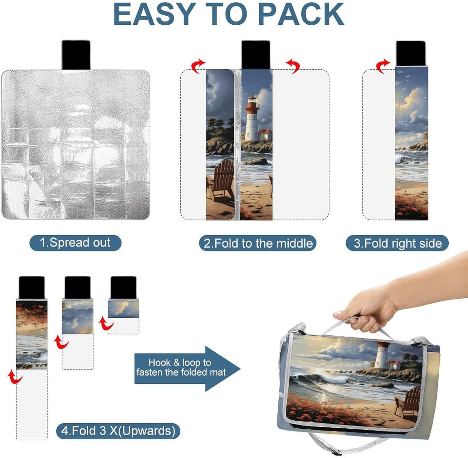 Sea Lighthouse Sandbeach Picnic Blanket Indoor and Outdoor Square Blankets Waterproof Design Mat Foldable Beach Mats Portable Park Sand Free Blanket for Camping Beach Park