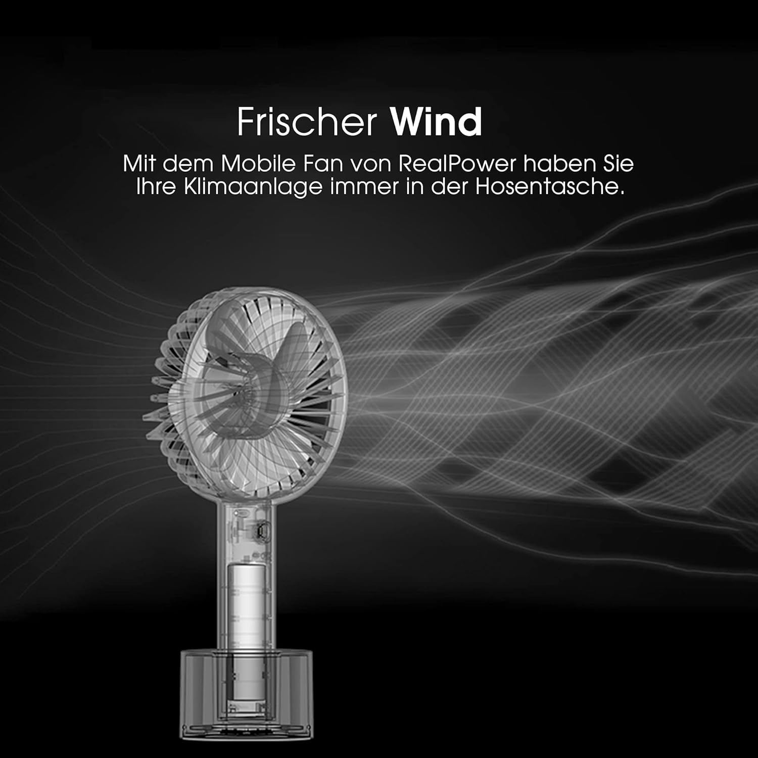 Realpower Mobile Fan Battery Handheld Fan Portable Electric Mini Fan with USB Fan Quiet Battery Operated 1200 mAh Rechargeable Battery Compatible with Laptop, Socket and Power Bank - Black