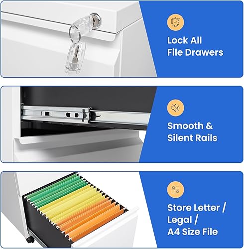 Vista 41 de MIIIKO Archivador de 3 cajones, archivador de metal con ruedas enrollables de bloqueo, almacenamiento de oficina debajo del escritorio, cajones Negro
