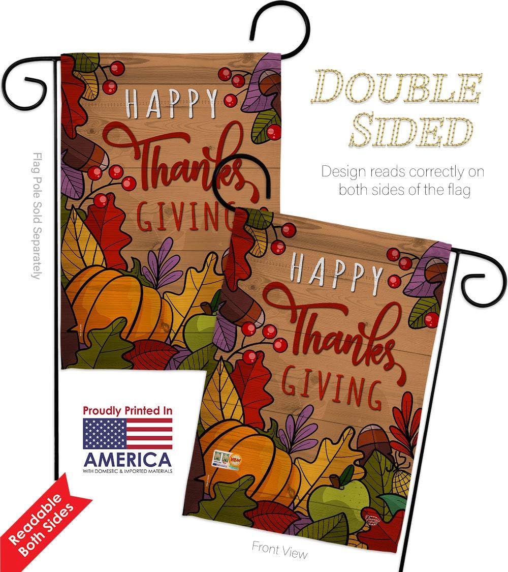Happy Thanks Garden Flag Set Wall Holder Fall Thanksgiving Turkey Give Gobble Pumpkin Season Autumntime Cornucopia House Banner Small Yard Gift Double-Sided, Made in USA