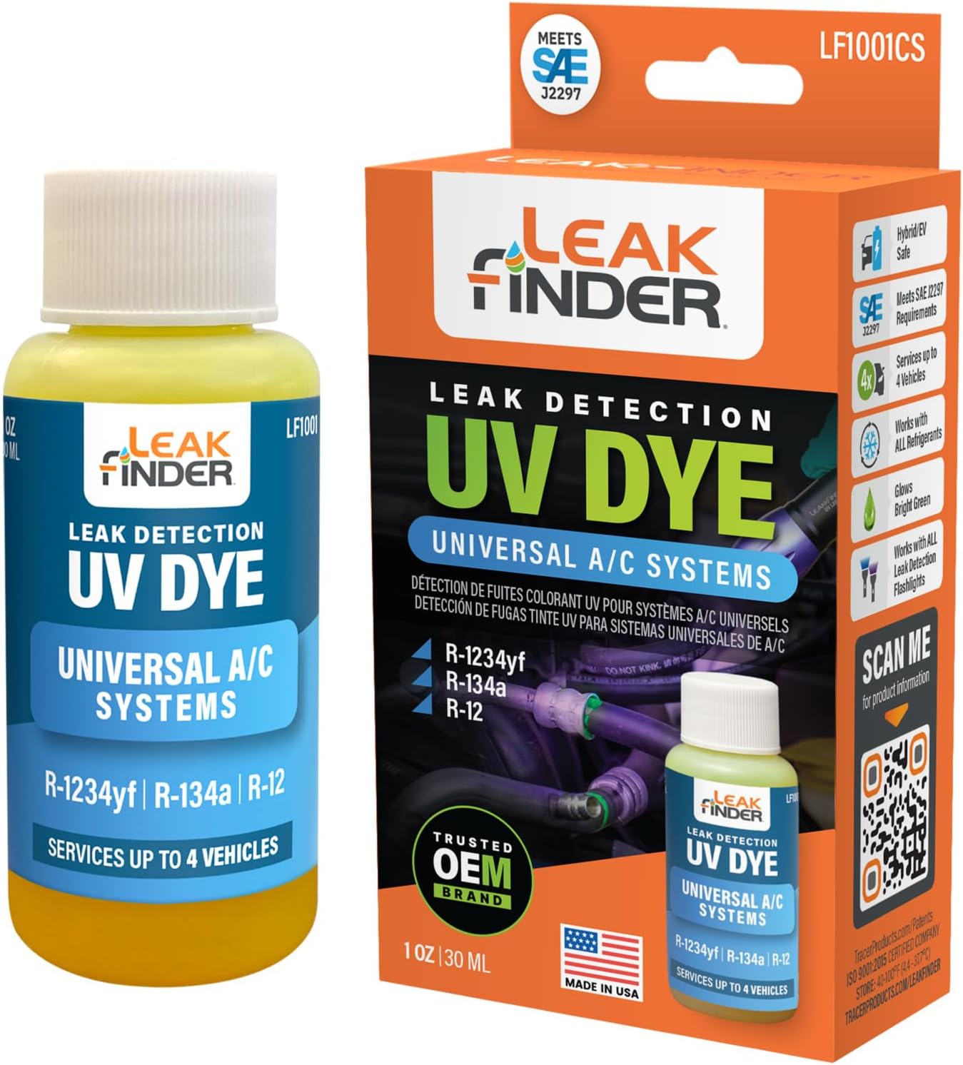 LF1001CS Automotive Universal Air Conditioner Refrigerant Leak Detection Dye, Services R134a, R-1234yf Systems, 1oz AC Fluorescent Dye Bottle, Made in USA