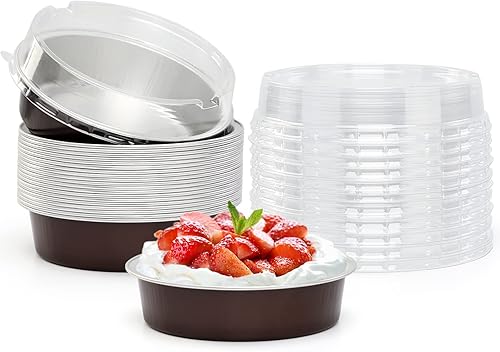 Vista 256 de Beasea Latas desechables para tartas de 4 pulgadas, paquete de 50 mini sartenes con tapas, molde de aluminio dorado de 8 onzas, moldes para tartas