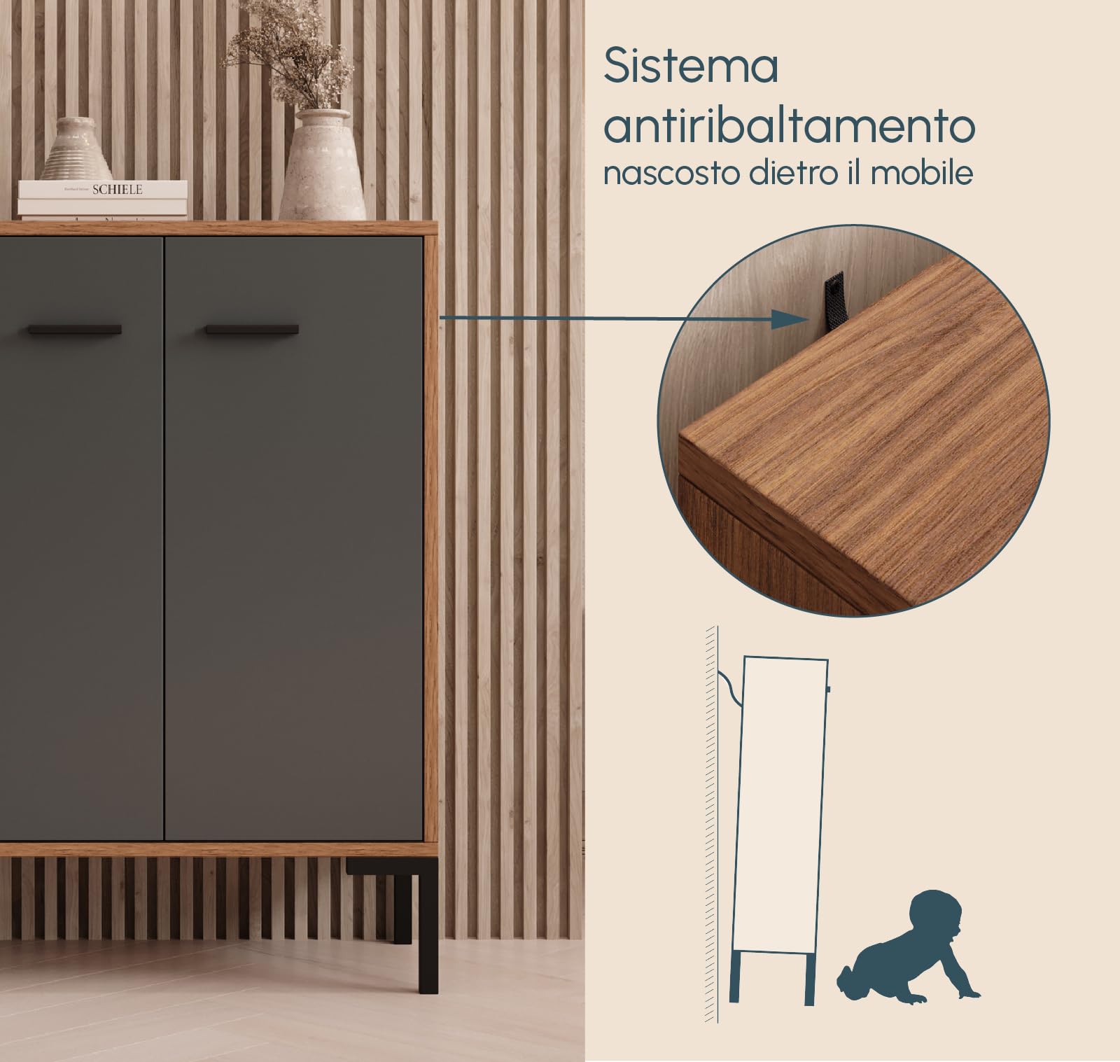 MB Muebles Bonitos, Credenza piccola Lander L15, Stile Moderno, Madia bassa multiuso con 2 ante, Colore Noce e Grigio, 60x84x30cm