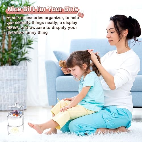 Miniatura 4 de Reginary 9 piezas de accesorios para el cabello, organizador apilable con tapas, organizador de lazos de acrílico transparente para el cabello,