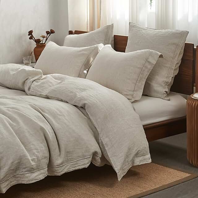 Simple&Opulence 100% Linen Duvet Cover Set with Embroidery Border Washed...