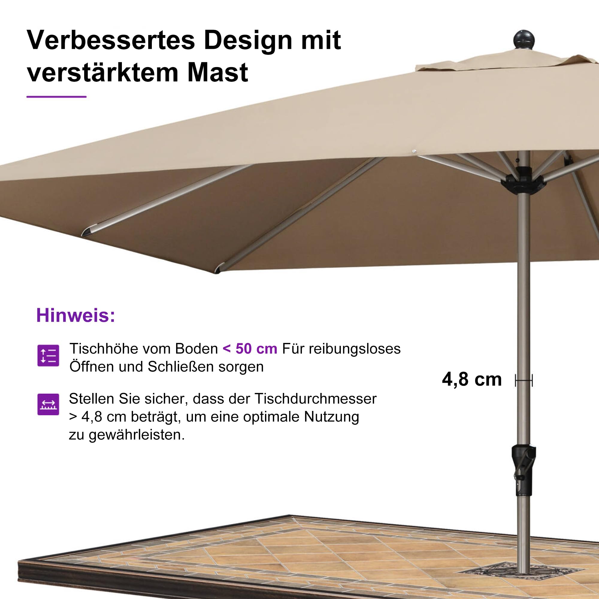 PURPLE LEAF Marktschirm 270 × 350 cm Rechteckig mit Kurbel UV-Schutz, Taupe | Robustes Aluminium, Wasserabweisend, Einfache Montage, Leichtgängige Kurbel, Sonnenschirm UV-Schutz XL-Schatten für Gewerbe