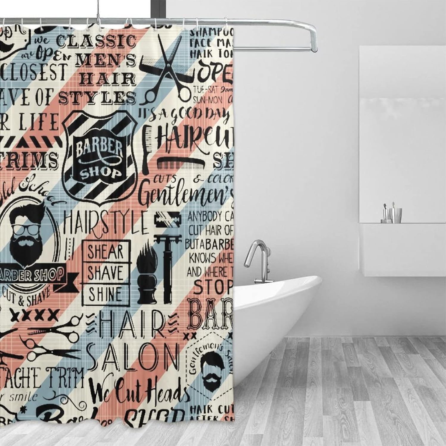 Barbershop Salon Pattern Fabric Shower Curtain,Abstract Vintage Barber Company 3D Printed Hotel Quality,Machine Washable,72L x72W for Bathroom.