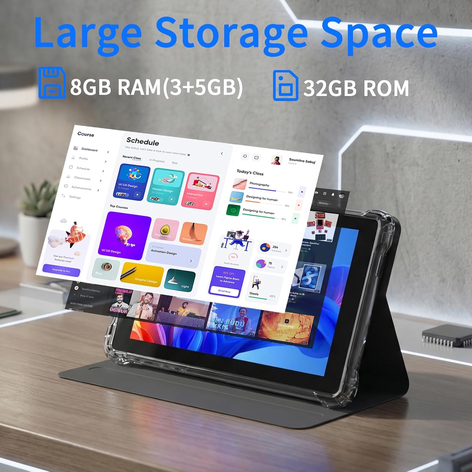 7 Inch Android Tablet with Case, 32GB ROM+ 8GB RAM Quad-Core Processor，2MP+5MP Dual Camera,5G WiFi 6, BT Computer Pc，3000mAh Battery,1024*600 IPS