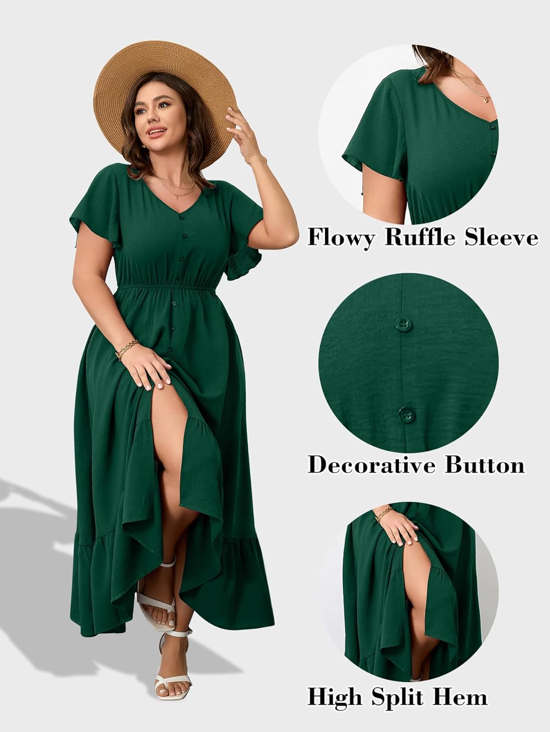 RWJ Women Plus Size Maxi Dress V Neck Short Sleeve Button Trim Split Flowy Tiered Casual Long Dresses 2025 L-3XL - Image 5