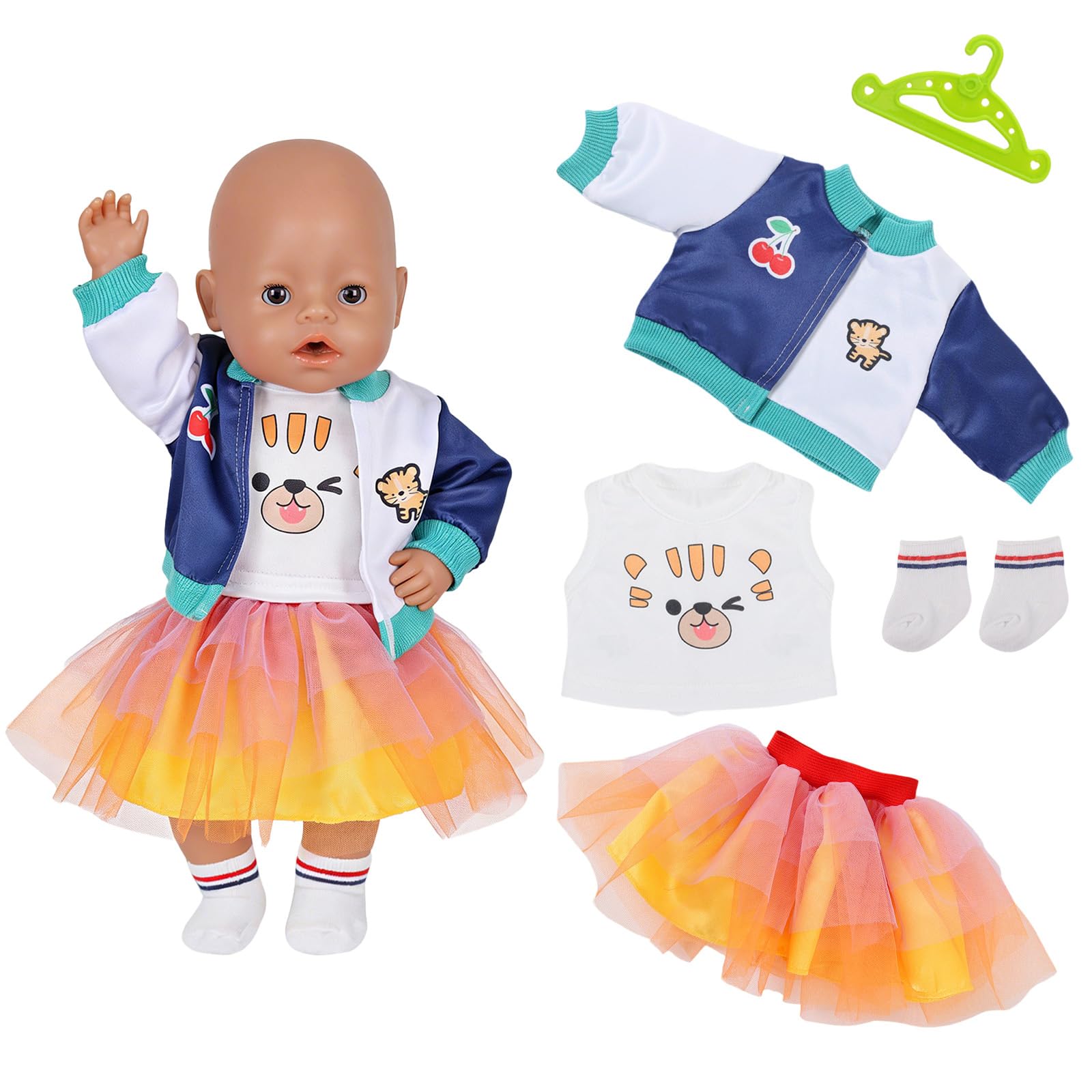 Atomvia Baby Doll Clothes for 14–18 Inch Dolls, 5 Pcs Doll Outfit with Contrast Color Jacket, Vest, Cake Skirt, Striped Socks & Hanger, 35–45cm Doll Accessories (No Doll)