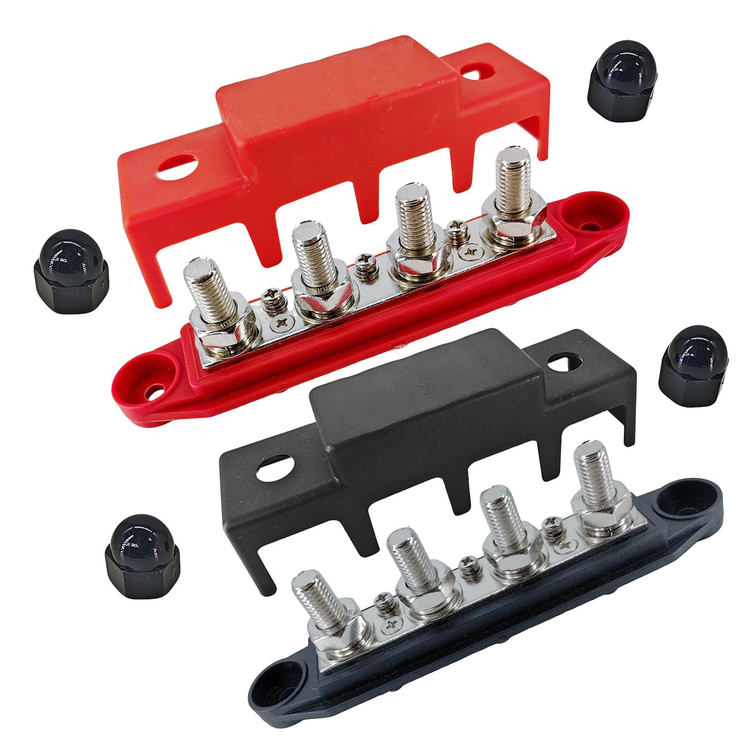 250A Bus Bar Power Distribution Block 12V/24V/48V - 4-Post 3/8'' (M10) Studs with Cover - for Marine, Automotive, Solar, RV, Boat Battery Systems - Red & Black Pair Set