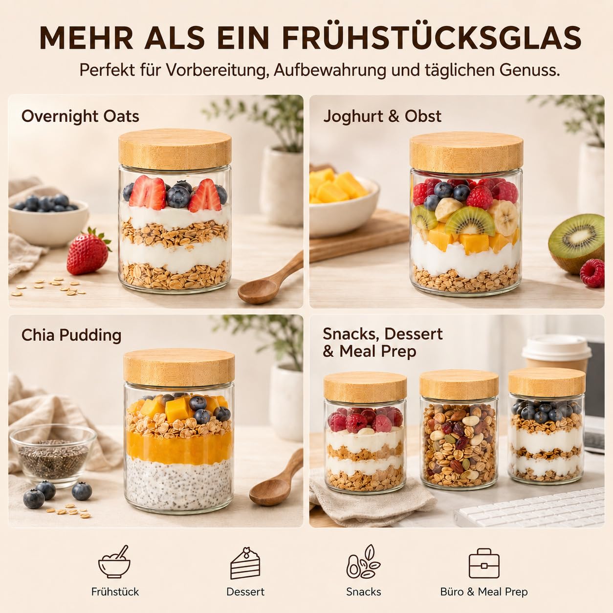 4 vasetti multiuso da 500 ml, con coperchio a vite, per Overnight Oats, barattoli ermetici per conservazione, marinatura e preparazione di pasti multiuso