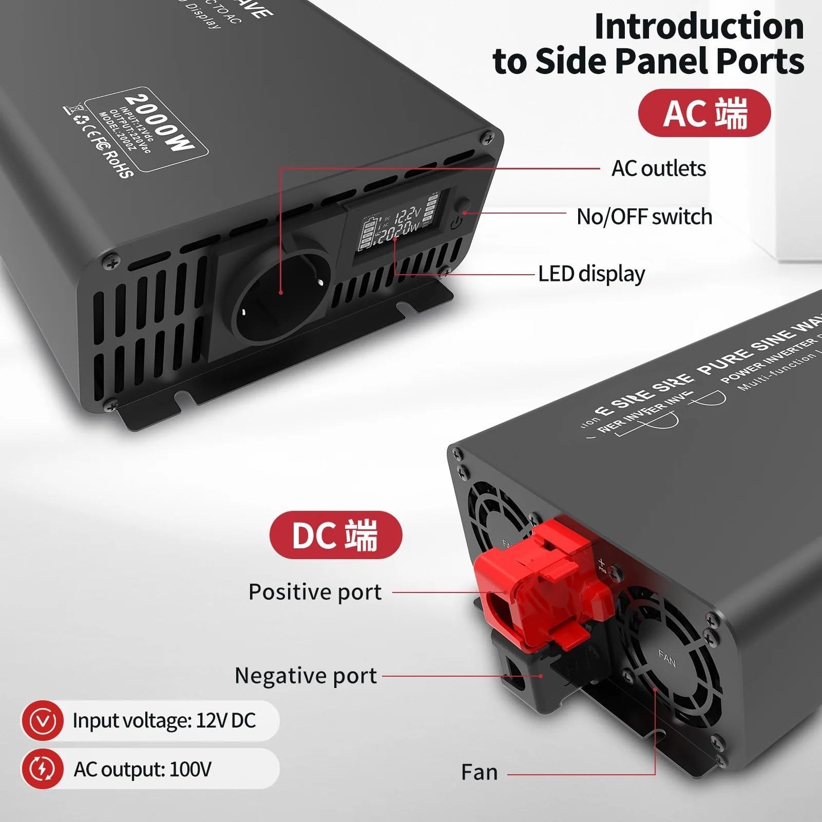 Inversor de Corriente Inversor YLRX-2000W Sinusoidal Pura 220v con Enchufe Europeo 1000W 1500W 50Hz 24V 60V A 220V(To 1000W)