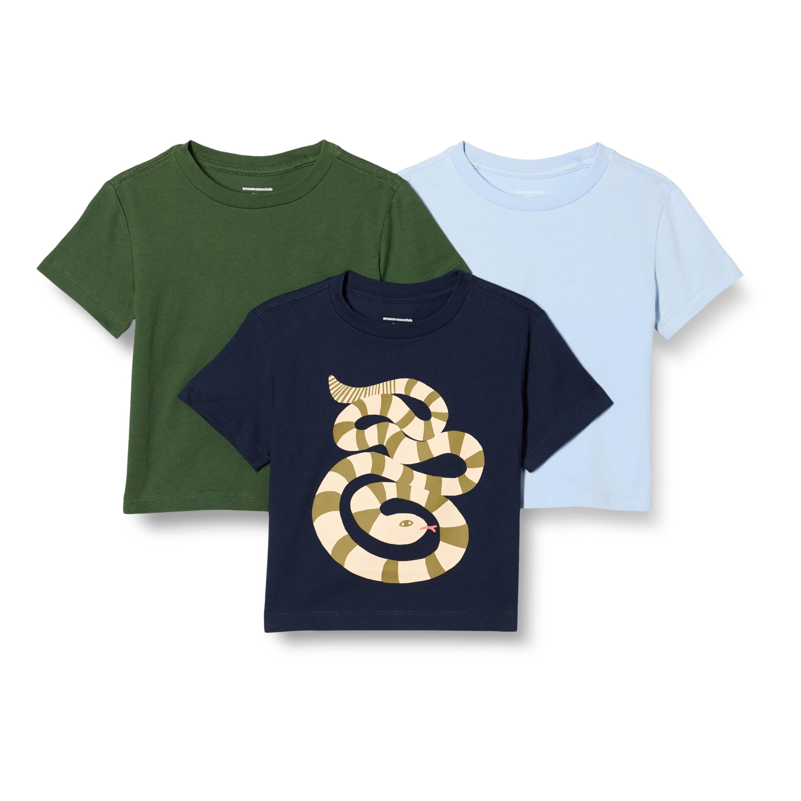 Amazon Essentials Boys' Short Sleeve Cotton T-shirts, Pack of 3, Dark Olive/Light Blue/Snake, Large