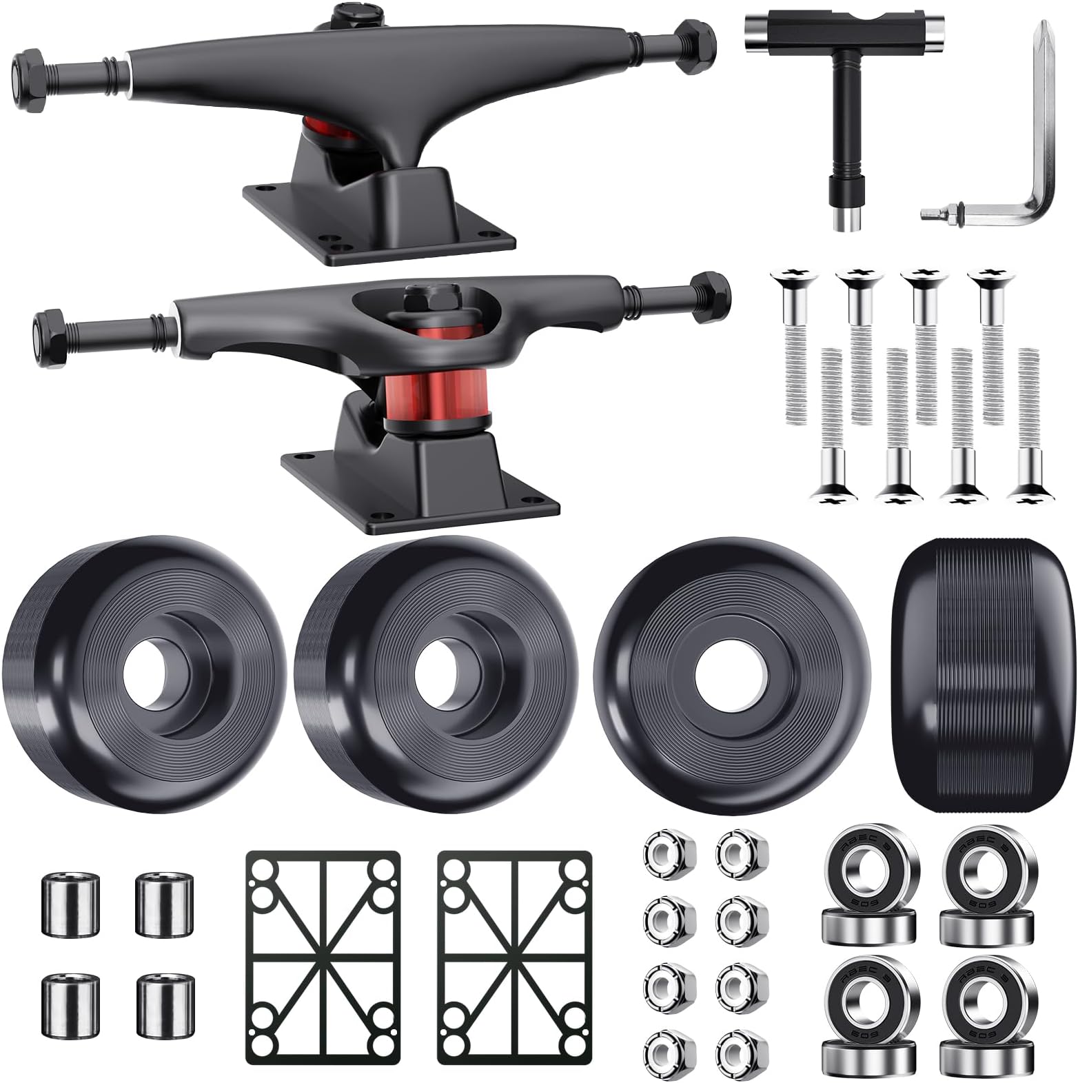 Jizmo Skateboard Trucks, Fits 7.75-8" Deck, Skateboard Wheels 52mm, Skateboard Bearings ABEC-9, Skateboard Pads, Skateboard Hardware Tool Combo Starter Set