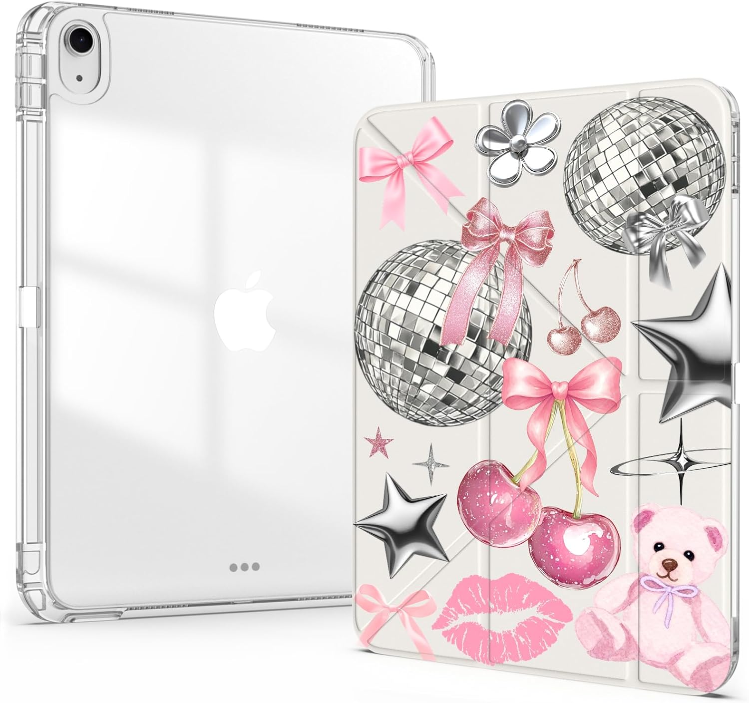 Idocolors Cute Case for iPad (A16) 11th Gen 2025 11-inch/10th Gen 2022 10.9 inch 2022, Clear Acrylic Back Case with Pencil Holder, Detachable Mutil Angles Folding Y-Shaped Stand Cover, Bear-Cherry