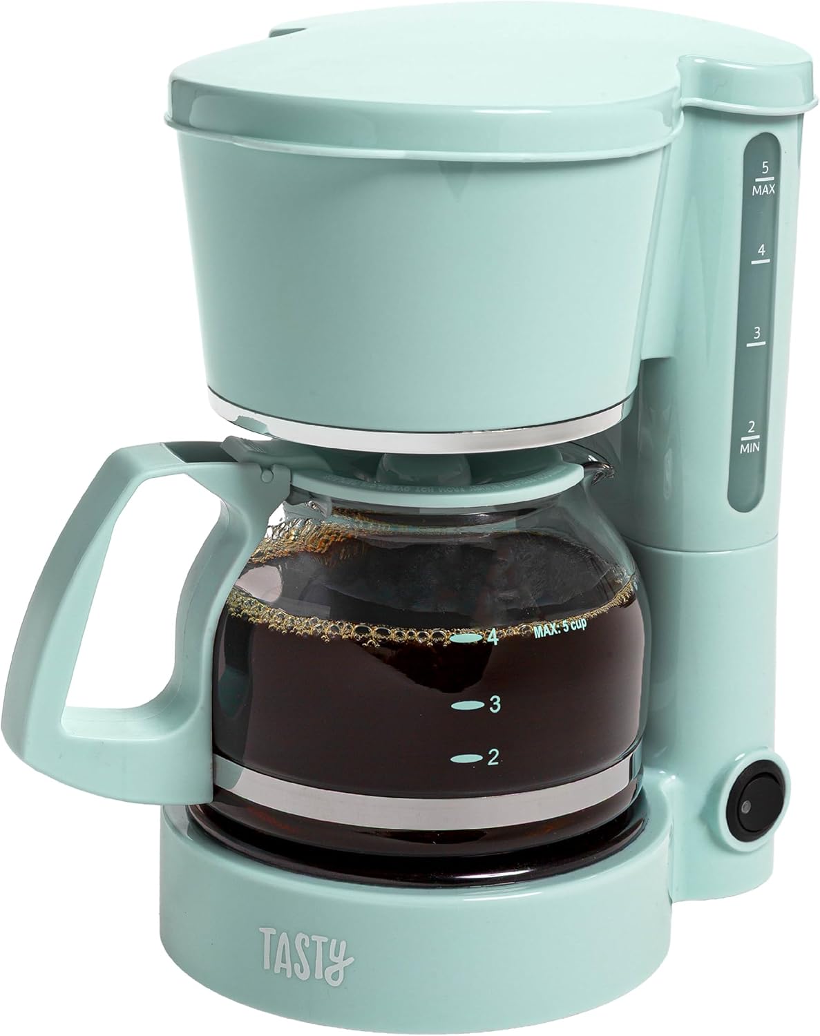 Tasty 5-Cup Coffee Maker with Auto Pause & Pour, Reusable Filter, Easy View Water Reservoir and Warming Plate, Glass Carafe, Compact Brew & Drip Coffee Maker, 5-Cup, Pink