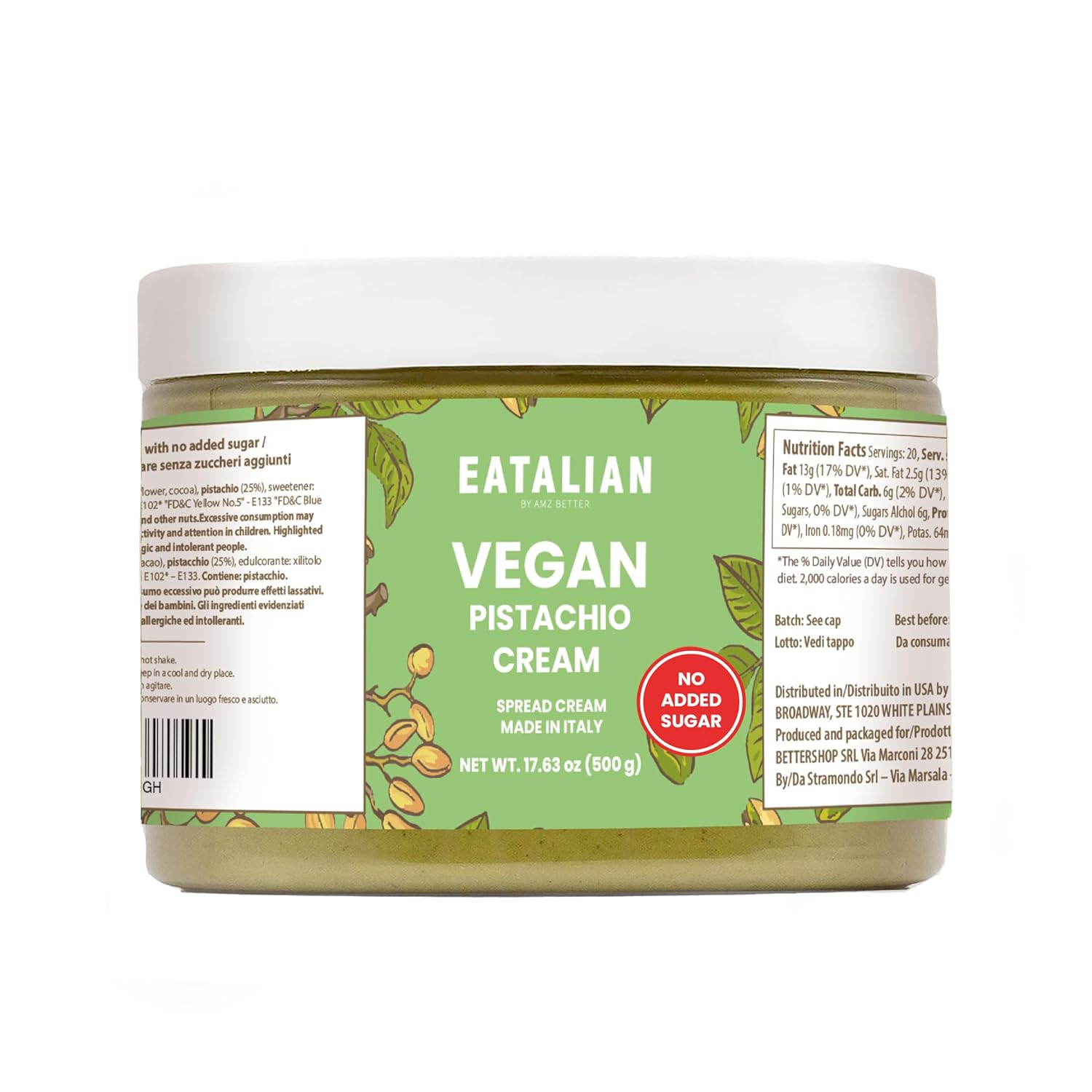 EATALIAN by AMZ BETTER Vegan Pistachio Cream Sugar Free, 17.63 oz/ 500 gr, Delicious sugar free vegan spread, ideal on bread, perfect with ice cream, Excellent for Dubai Chocolate, Made in Italy