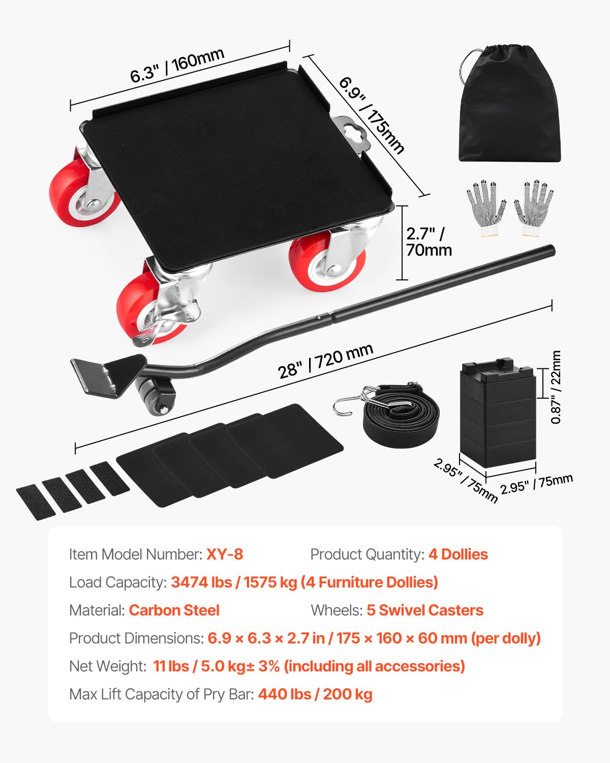 VEVOR 4 PCS Plataforma Rodante para Muebles 175 x 160 x 70 mm Carga de 1575 kg, Transportador de Muebles Resistente con 5 Ruedas Giratorias de 360° y Panel de Acero al Carbono para Mover Muebles