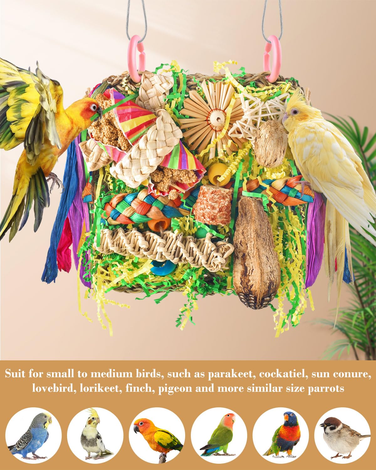 ERKOON Foraging Toys for Parakeets Lovebirds, Conures - Hanging Wall with Colorful Shredding Seagrass (Yellow+Green) - Image 4