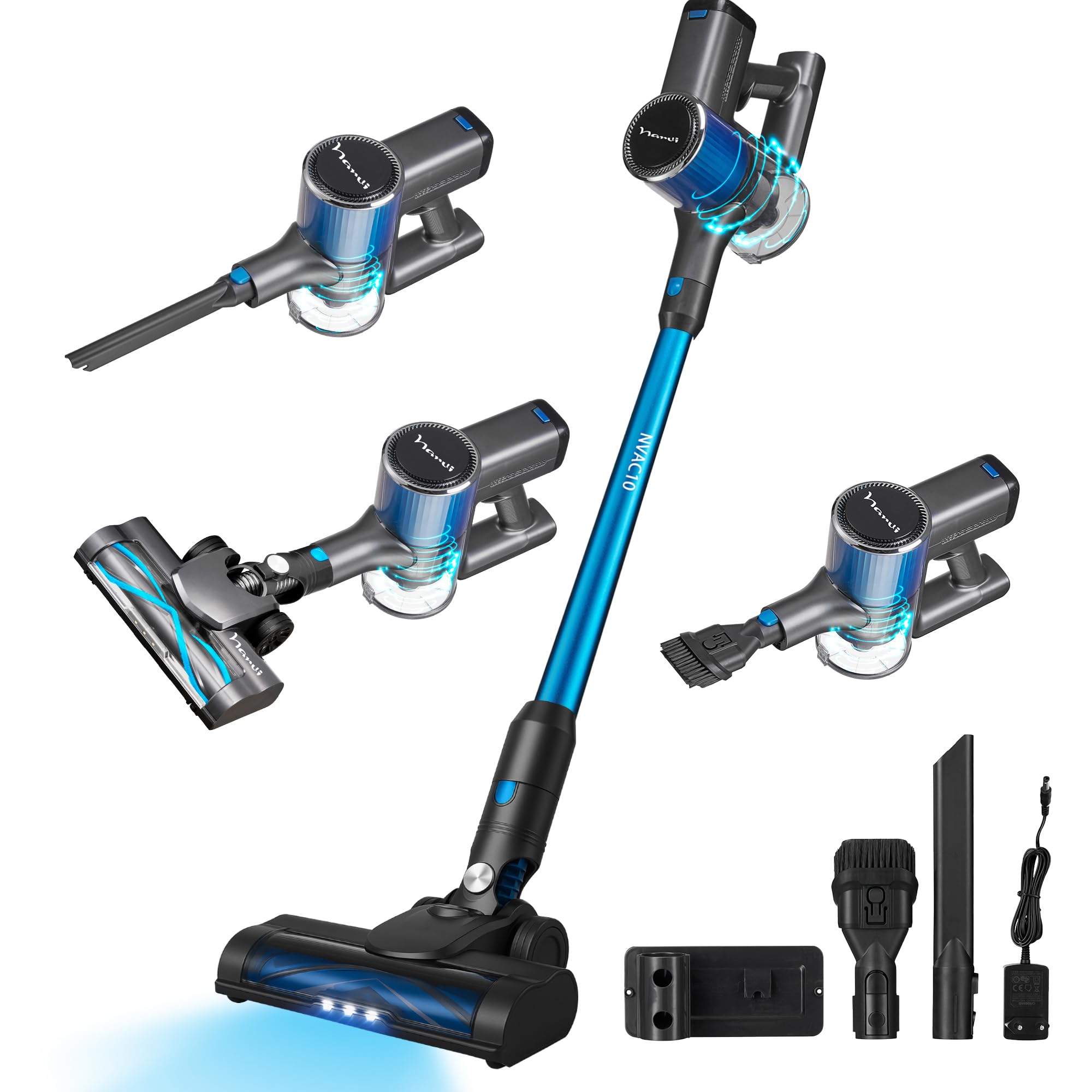 NARVI Aspiradora sin Cable 250W Aspiradora de Mano 20KPA | 6 en 1 Inalámbrica 40 min autonomía, batería extraíble, Cepillo entienredo, filtro HEPA, Ideal para Pelo de Mascotas y Hogar