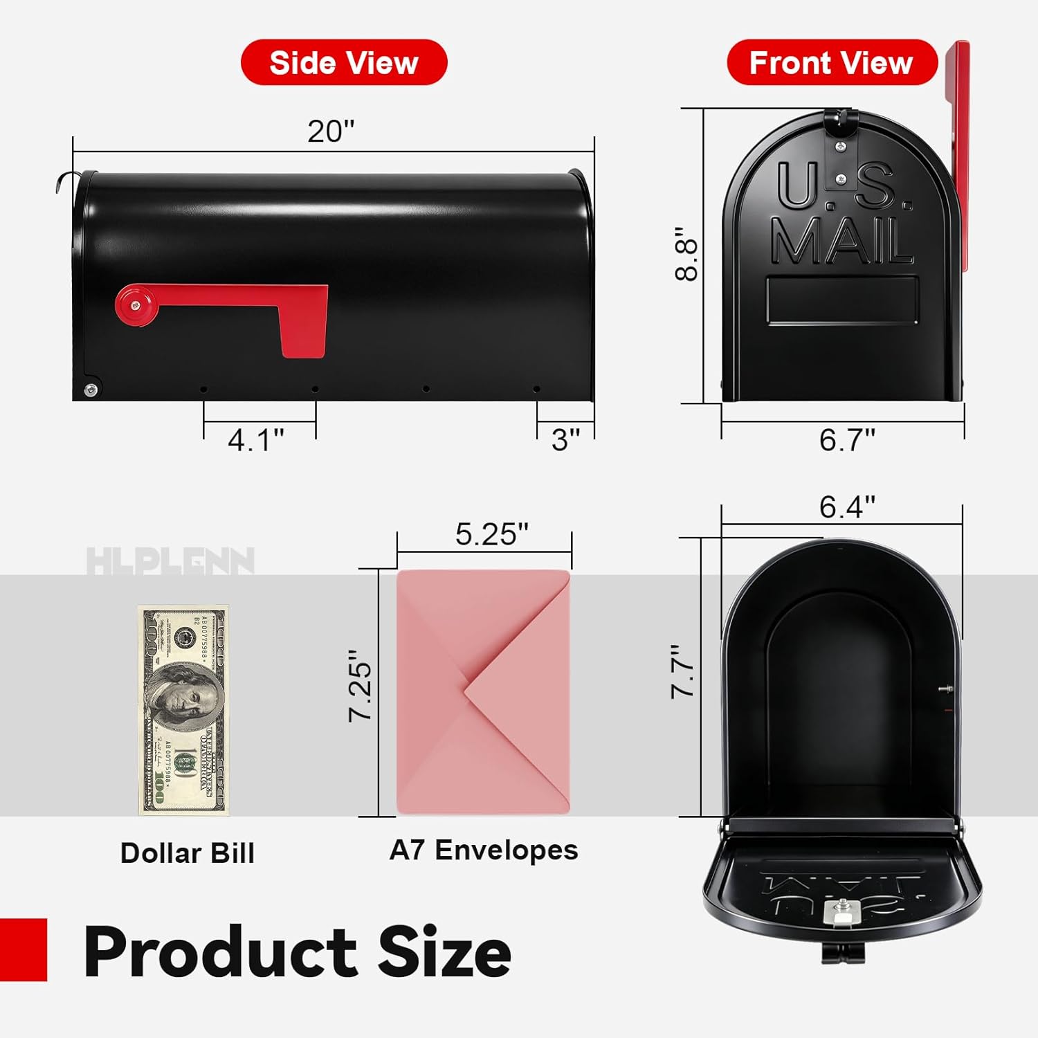 Black Metal Mailbox, Galvanized Steel Mailboxes for Outside Post Mount, Standard Medium Capacity, 20 x 8.7 x 6.7 Inches