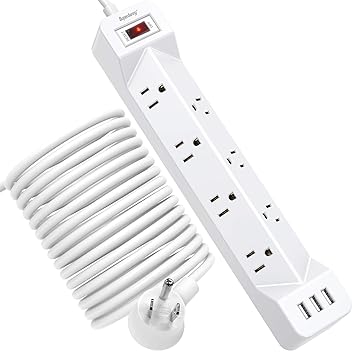 SUPERDANNY - 16.4ft power strip with flat plug with USB, 7 spaced wide sockets, 3 USB ports, mountable extension cord, charging station, overload protection